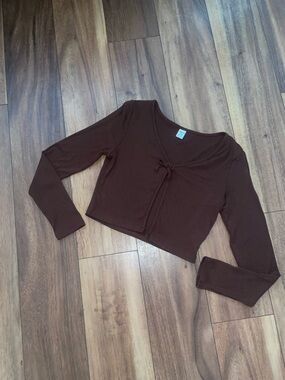 SHEIN Brown Long Sleeve Ribbed Cropped Tie-Front Top